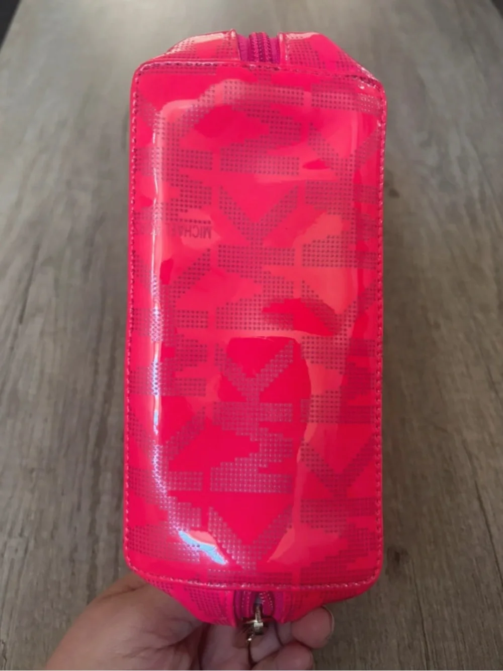 Michael Kors Bright Pink Logo-Printed Patent Material Cosmetic Bag W/Gold Plaque